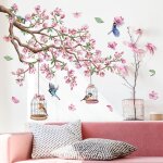 Stickers muraux fleurs de p�che rose autocollant mural floral branche arbre oiseaux d�coration murale ...
