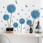 Stickers muraux fleurs de pissenlit bleues (105x69 cm) - autocollant mural fleur bleu papillons plantes ...