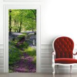 Sticker porte trompe loeil effet 3d pour d�coration autocollant de porte fleurs bleu for�t 77x200cm papier ...