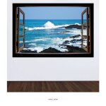 Stickers trompe loeil fen�tre en bois - lumal�a - vue mer - hauteur 60 x largeur 90 cm