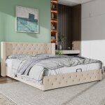 Structure de lit - kodise - kodise - 140x190 cm - tissu velours beige - sommier � lattes avec coffre