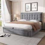 Kodise lit coffre 140x190 cm capitonn pour adulte - tissu velours - avec sommier  lattes et tte de ...