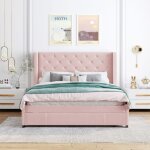 Structure de lit - 140 x 200 cm - kodise - avec sommier � lattes et tiroirs de rangement - tissu lin ...