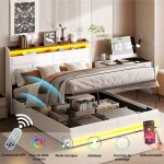 Cadre de lit 140x200 cm - daidai - led - blanc pu - rangement int�gr� - sommier - scandinave - lit coffre ...