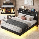 Lit double 160 x 200 cm avec led et usb - lit flottant avec rangement - lit coffre avec sommier � lattes ...