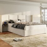 Kodise lit coffre 160x200 cm lit capitonn� lit double - tissu velours - avec port de charge usb - 2 tables ...