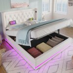 Structure de lit lit coffre double 160 x 200 cm - redom - charge usb type - c et led - en pu - blanc