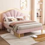 Structure de lit double - 140 x 190 cm - t�te de lit r�glable (2 positions) - velours rose - structure ...
