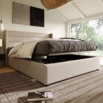 Lit coffre - lit double 140 x 200 cm - sommier � lattes relevable - structure bois et m�tal - t�te de ...