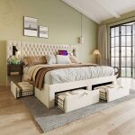 Lit coffre - 180�200 - velours beige - 2 tables de chevet & 4 tiroirs - ports usb / type?c