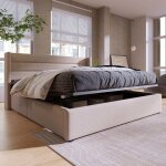 Lit coffre - lit double 180 x 200 cm - sommier � lattes relevable - rangement hydraulique - tissu lin ...