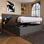 Lit coffre - 180 x 200 cm - sommier � lattes relevable - structure m�tal & bois - tissu lin gris