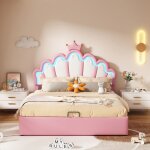 Lit rembourr double et coffre enfant - corniche de couronne - rose140x200cm?sans matelas - hauss spole ...