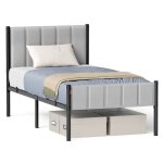 Vasagle cadre de lit simple 90 x 190 cm avec t�te de lit rembourr�e en acier supporte jusqu� 250 kg gris ...