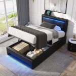 Structure de lit simple 90 x 200 cm - avec ports usb - avec �clairage led - avec coffre de rangement ...