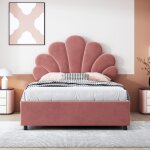 Structure de lit avec t�te de lit fleurie et sommier � lattesespace de rangement tissu en veloursrose90 ...