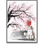 Style japonais toile tableau tableaux soleil chat sakura paysage affiche noir et rouge poster art decoration ...