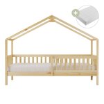 Sunny kae lit cabane avec barri�re de s�curit� beige lit cabane au sol - matelas hybride 90 x 200 inclus ...