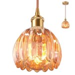 Suspension en verre ambre fleur vintage laiton dor - 1pcs lustre suspendue moderne art clairage salle ...