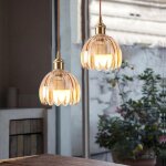 Suspension en verre ambre fleur vintage laiton dor - 2pcs lustre suspendue moderne art clairage salle ...
