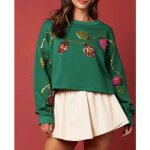 Sweat - shirt no�l femme col rond paillettes courte col arrondi - vert