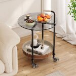 Table d?appoint mobile � roulettes avec rangement ? structure m�tallique et plateau en verre tremp�