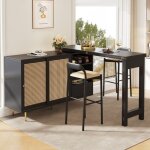 Table de bar extensible rotative 360� avec rangement - rotin naturel + plateau rotatif noir moderne (107 ...