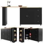 Table de bar qui tourne  360 avec des roulettes (138 - 209 x 39 x 104 cm) noire avec trois tiroirs. ...