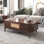 Table basse avec 1 tiroir et 2 portes coulissantes en bois massif en rotin style naturel moderne noyer ... Table basse avec 1 tiroir et 2 portes coulissantes en bois massif en rotin style naturel moderne noyer ...