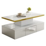 Table basse 100�50�385 cm blanc laqu� avec tiroir et double plateau ? liser� dor�