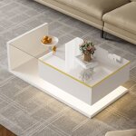 Table basse 100�50 cm blanche laqu�e avec plateau en verre tremp� et �clairage led 16 couleurs