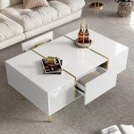 Table basse 100�60�415 cm laqu�e blanche 2 tiroirs et �l�ments m�talliques dor�s ? design moderne