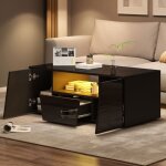 Table basse 100x50 laqu�e noire table basse salon 2 armoires 1 tiroir led int�gr�es design asym�trique ...