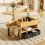 Table basse 105x50 cm relevable avec rangement tiroirs tissu noir finitions couleur naturelle