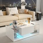 Table basse - 110cm - design architectural avec �clairage led & rangement - blanc brillant