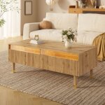 Table basse 110x50 cm design moderne pi�tement or et bois led 7 couleurs t�l�commande deux tiroirs rangement ...