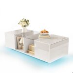 Table basse 120x50 design blanc brillant table basse salon led multicolore app rangement plateau verre ...