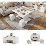 Table basse multifonctionnelle 3 en 1 convertible en table  manger avec 4 tabouret rangement cach et ...