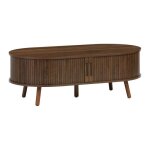Table basse 2 portes coulissantes avec 3 compartiments effet bois rainuré noyer. l 110 x p 59 x h 39cm ... Table basse 2 portes coulissantes avec 3 compartiments effet bois rainuré noyer. l 110 x p 59 x h 39cm ...