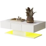 Table basse avec 2 tiroirs finition laque brillante avec clairage led 100 x 60 x 35 cm blanc
