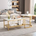 Table basse marbre et m�tal dor� contemporaine - mod�le 240401ph gigogne h51 cm