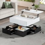 Table basse 70x70 design blanc et noir table basse salon plateau relevable rangement int�gr� 3 tiroirs ...