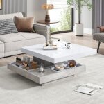 Table basse 70x70 plateau effet marbre blanc table basse salon plateau rotatif 360� rangement int�gr� ...