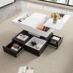 Table basse 70x70x40 cm plateau pivotant 360 3 tiroirs blanc et noir relevable