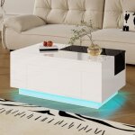Table basse 80 x 50 x 355 cm salon moderne plateau extensible led rgb bluetooth mdf laqu� noir / blanc ...