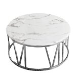Table basse atmos ronde plateau verre tremp� marbr� blanc pieds chrome d80x45cm