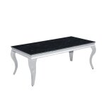 Table basse baroque rectangle plateau verre tremp� marbr� noir pieds chrome 120x60x45cm