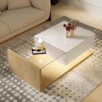 Table basse blanc brillant et bois - verre et effet led 105x55x32. 5 cm design moderne avec �clairage ...