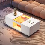 Table basse blanche de 100x50x355 cm ? avec surface en verre lumire led contrle par application 2 tiroirs ...