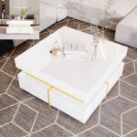 Table basse blanche 70x70 cm avec tiroirs finition laque brillante et dtails dors design moderne et ...